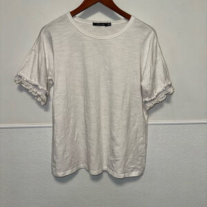 Women's Doe & Rae T-Shirt, M, White Ruffle Sleeve Short Sleeve